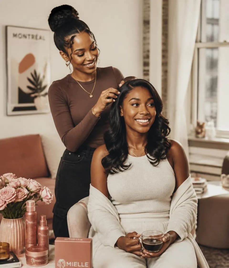 A GlowUp stylist styling a client's hair in her Montreal apartment